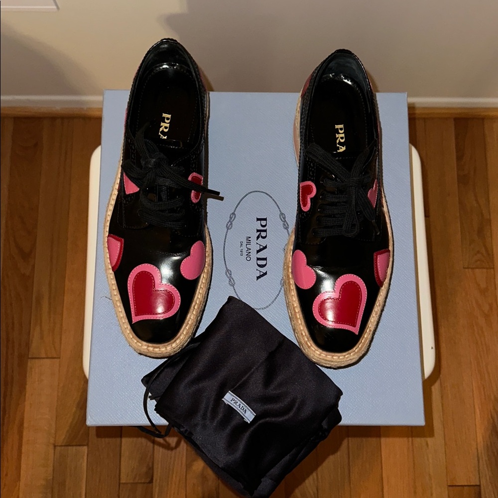 Prada Black,  Pink & Red Heart Platform Shoes